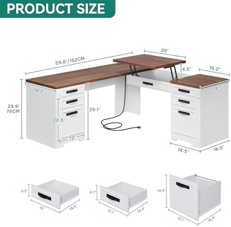 YITAHOME L Shaped Executive Desk with Lift Top & Drawers - Image 2