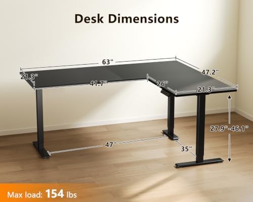 Casaottima 63 Inch L Shaped Electric Standing Desk, Home Office, Black - Image 3