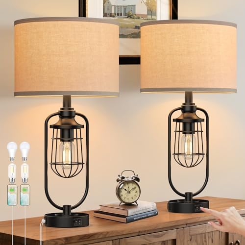 24" Farmhouse Black Table Lamps Set of 2 for Living Room, USB A+C by SRJJRS