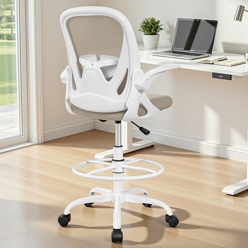 Primy Drafting Chair Tall Office Chair with Flip-up Armrests Executive Ergonomic Computer Standing Desk Chair with Lumbar Support and Adjustable Footrest Ring（Khaki） - Image 2