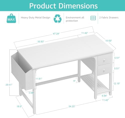Lufeiya White Computer Desk with Drawers - 47 Inch PC Desk for Small Space Bedroom Home Office, Modern Simple Study Writing Table Desks with Storage Shelf, White - Image 3