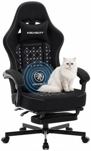 Desk Computer Gaming Chair - Ergonomic Game Office Chair with Extended Footrest and Massage Lumbar Support, Home Gamer Video Game Chairs with Spring Cushion for Adults (Pro Black Fabric) by KslysutyFurniture