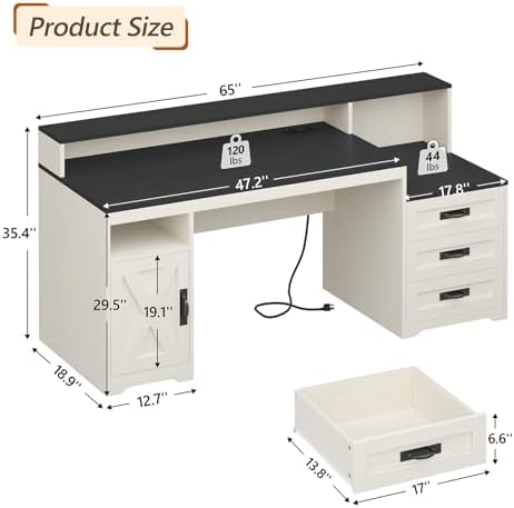 65" Farmhouse Computer Desk with Drawers and Printer Stand for Home Office - Image 2