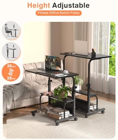 QZMDSM Portable Rolling Desk on Wheels Adjustable Height Desks for Small Spaces, 32" Computer Desk Drafting Tables with Storage Shelves for Home Office Black - Image 6