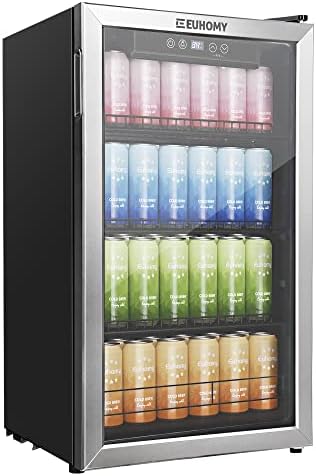 EUHOMY 3.5 Cu.Ft Beverage Cooler, 130 Can Mini Fridge with Glass Door, Small Refrigerator with Adjustable Shelves for Soda Beer or Wine, Perfect for Home/Bar/Office, large, sliver by EUHOMY