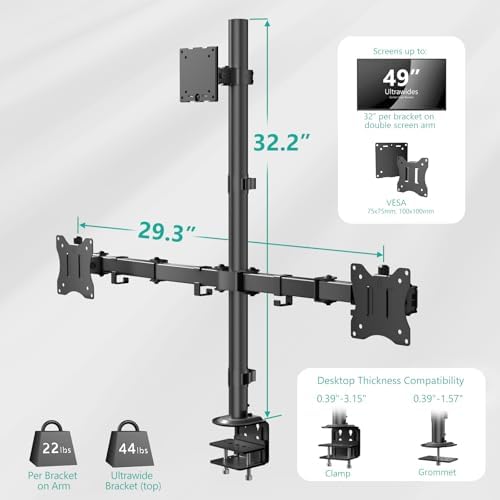 WALI Triple Monitor Mount for up to 49 inch Ultrawides on Top Bracket and 32 inch Screens on Side Brackets, Extra Tall 3 Monitors Desk Mount, Heavy Duty Monitor Arm up to 44 lbs (M003-P), Black - Image 7