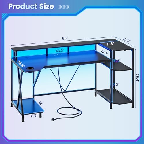 SEDETA Gaming Desk 55'' with LED Lights and Storage Shelves, Black - Image 2