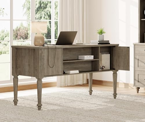 WAMPAT Farmhouse Executive Desk with Drawers, Vintage Writing Desk with Charging Station, Home Office Desk with Storage Cabinet & Open Shelf for Study, 56 Inch, Grey - Image 4