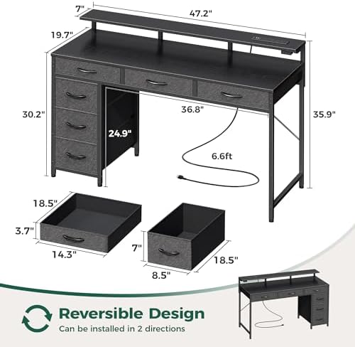 Huuger Gaming Desk with 6 Drawers, Computer Desk with LED Lights Power Outlets and Type-C, 47 Inch Office Desk with Storage, Monitor Stand, Writing Desk Work Desk Home Office, Bedroom, Black - Image 3