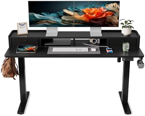 YIHAYO Electric Standing Desk with Drawers, 60 x 24 Inches Adjustable Desk with Storage Shelf, Computer Table with Splice Board for Home Office, Black Frame/Black Top by YIHAYO