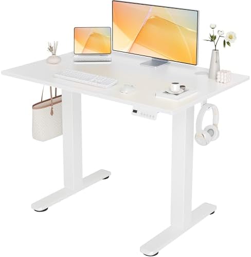 Seang Electric Standing Desk Adjustable Height, 40 x 24 Inch Sit Stand Desk with T-Shaped Frame, 3 Memory Presets & Cable Management for Home Office Computer Workstation, White Frame/White Top by Seang