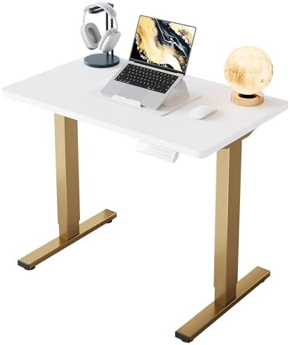 HUANUO 32x19 Inch Small Electric Desk, Adjustable, White & Gold Frame by HUANUO