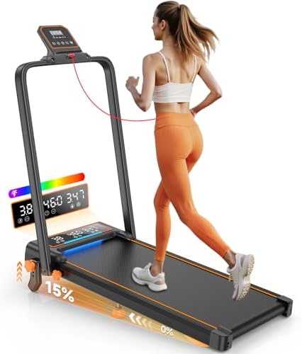 Treadmill Walking Pad with 15% Incline/Handle Bar/2 LED Display, 3.5HP Portable Treadmills for Home Small, Foldable Walking Pad Treadmill 350+lb Capacity, Smart App, 4 Adjustable Incline, RGB Light by RayspaceMakesFitnessEasy