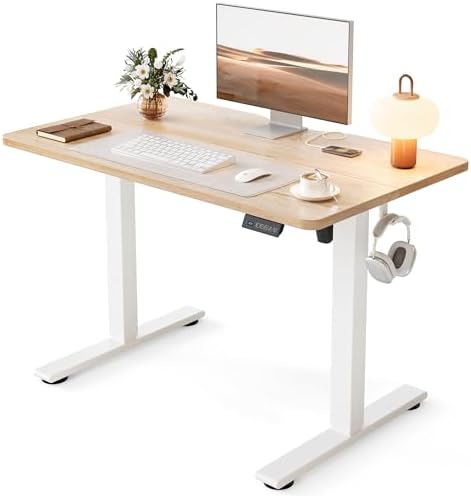 Cubiker Standing Desk, 40x24 Inches Sit Stand Home Office Desk, Electric Stand up Desk, Adjustable Desk with Splice Board, White Frame/Maple Top by CubikerHomeOfficeFurniture