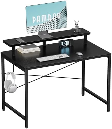 Pamray 32 Inch Small Computer Desk with Monitor Stand, Simple Office Desk with Headphone Hook for Small Spaces, Kids Study Writing Table for Bedroom, Black by PAMRAY