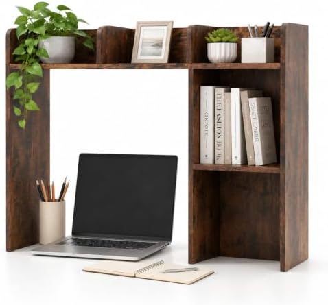 BECOMFORT Desk Hutch, Desk Organizer Shelf w/ 5 Storage Compartments, up to 27” Monitor, Wooden Display Rack, Desktop Bookshelf for Vanity Dressing Tabletop College Dorm Home & Office by BECOMFORT