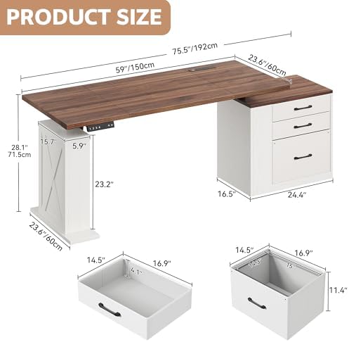 75.5'' Electric Standing Desk with Drawers Corner Desk White - Image 2