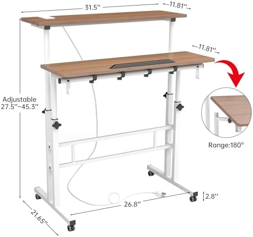 SIDUCAL Mobile Stand Up Desk with USB Ports and Outlets, Adjustable Laptop Desk on Wheels, Home Office Workstation, Rolling Laptop Cart for Standing or Sitting, 31.5" x 23.6" Vintage Oak - Image 2