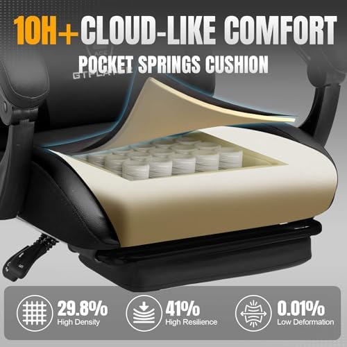 GTPLAYER Gaming Chair with Pocket Spring Cushion, Leather Office Chair with Ergonomic High Back & Lumbar Support for Back Pain Relief, Computer Game Chair for Adults, Black - Image 4
