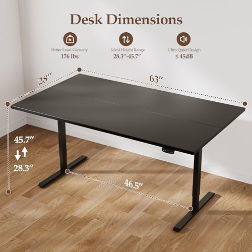 Klicelor 63 x 28 Electric Standing Desk, Sit Stand Up Home Office Desk, Height Adjustable Deep Cumputer Table with Memory Presets and Hooks, Two Pieces, Black - Image 3