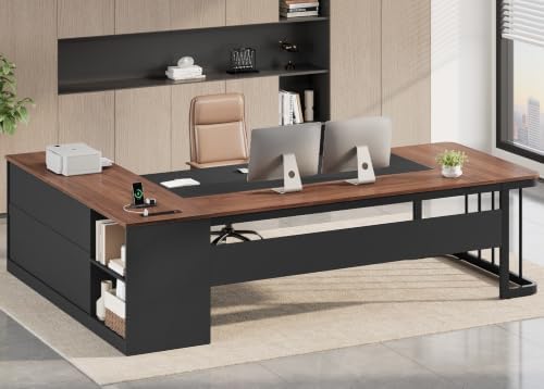 UPOSOJA 78.7" Executive Desk, Large Office Desk with Drawers & Storage Shelves, Modern L Shaped Computer Desk Corner Desk with Power Outlets, File Cabinet, Business Furniture Desk Workstation (Walnut) by UPOSOJAWishesYouaNiceDay
