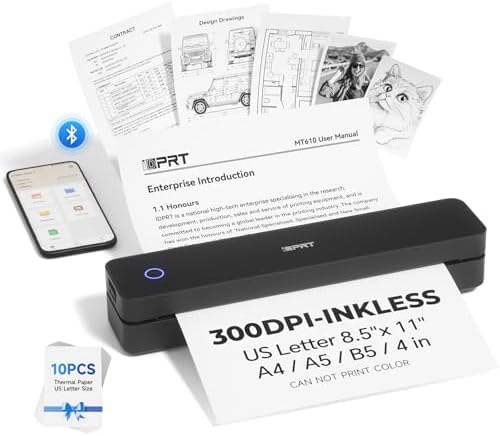 iDPRT Portable Printer Wireless for Travel - Bluetooth Mobile Printer Support for 8.5"x11" US Letter, Inkless Compatible with iOS, Android, Laptop for Office, Car and Home (300DPI, Black) by iDPRT