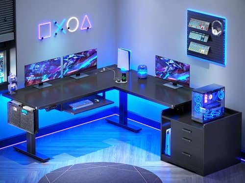 SEDETA L Shaped Standing Desk with File Cabinet, 3 Drawers, Power Outlet by SEDETA