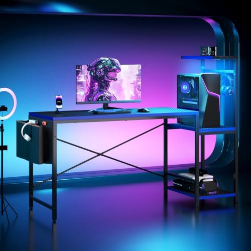 60'' Gaming Desk with LED Lights, Side Storage Bag, Black&Blue - Image 2