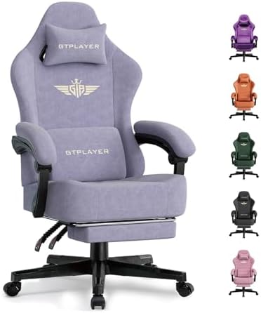 GTPLAYER Big and Tall Gaming Chair Fabric with Pocket Spring Cushion, High Back Ergonomic Computer Chair with Footrest for Adults Lumbar Support Swivel Game Chair for Office 350LBS, Macaron Purple by GTPLAYER