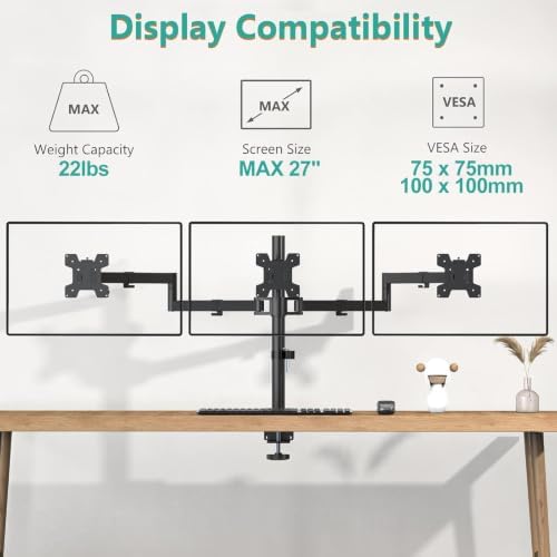 WALI Adjustable Triple Monitor Mount for 13-27 inch Screens, 22 lbs per Arm - Image 3