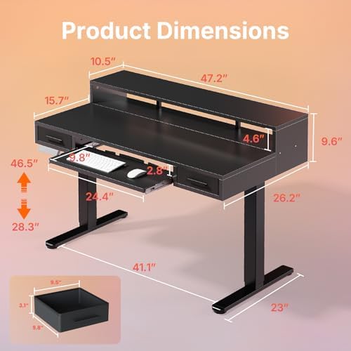 HUANUO 48″ X 26″ Electric Standing Desk with 2 Drawers &24.4″ Large Keyboard Tray, C-Clamp Mount Compatible, Adjustable Computer Desk for Office, Sit Stand Up Desk with 4 Height Presets, Black - Image 2