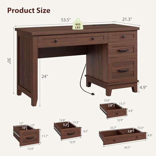 53.5" Executive Desk with Power Outlet, Home Office Desk with Drawers, Wooden Work Desk with File Cabinet, Computer Desk for Work, Study, Writing, Brown - Image 2