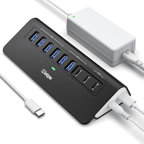 Powered USB Hub 10Gbps,intpw 9-Port USB 3.2 Hub, USB C Hub with 3 USB 3.2, 4 USB 3.0, 2 PD 45W Charging Ports, 3.3FT Cable and 65W Power Adapter, Aluminum USB Hub for Laptop, iPhone 17/16，PC by intpw