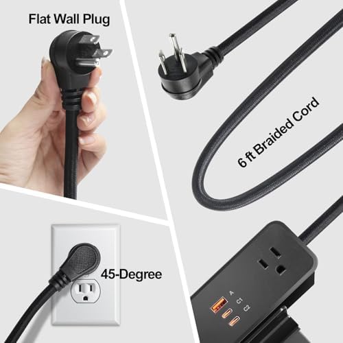 Desk Clamp Power Strip USB C 100W, Desktop Edge Mount Fast Charge Station 3 PD USB Port 2 AC Outlets 6ft Braided Extension Cord Flat Plug Fit Max 3.26’’ Tabletop Edge for Gaming Office Table. - Image 6