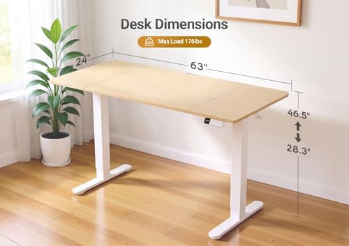 YDN Electric Standing Desk Adjustable Height, 63 x 24 Inches Sit Stand up Desk with Memory Presets & Cable Management, Home Office Desk for Office & Computer Workstation, White Frame/Nature Top - Image 3