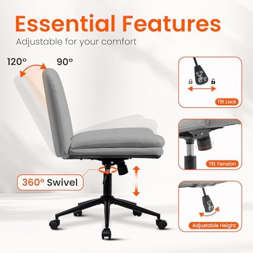 Orange Factory Criss Cross Chair, Wide Leather Vanity Desk Seat, Grey Pu - Image 6
