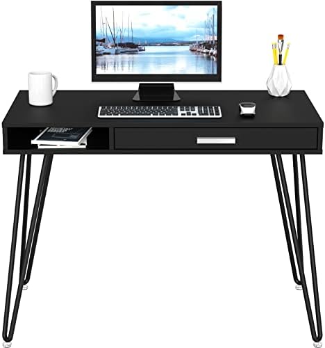 SHW Home Office Computer Hairpin Leg Desk with Drawer, Black - Image 4