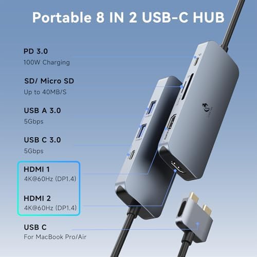 Docking Station for MacBook Pro Air, LIONWEI USB C Docking Station Dual Monitor, Dual HDMI Adapter Hub for Mac MacBook Pro with 2 HDMI, 3 USB 3.0, SD TF Card Reader and 100W PD USB C Charging Port - Image 2