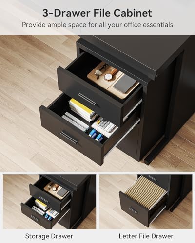 Tribesigns L-Shaped Executive Desk, Large Office Desk with 3-Drawer File Cabinet, Industrial Corner Computer Table with Drawers, Business Workstation for Home Office (Black, 83") - Image 7