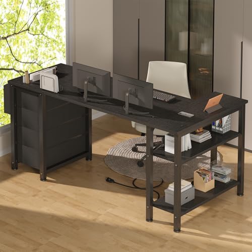 Lufeiya L Shaped Gaming Desk with Drawers & Storage Shelves, 55 Inch Corner Computer Desk with Power Outlet for Home Office Bedroom, L-Shaped Teen PC Desks with Fabric Drawer, Black - Image 4