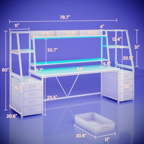 SEDETA Gaming Desk with LED Lights, 8 Drawers and Storage Shelves, White - Image 2