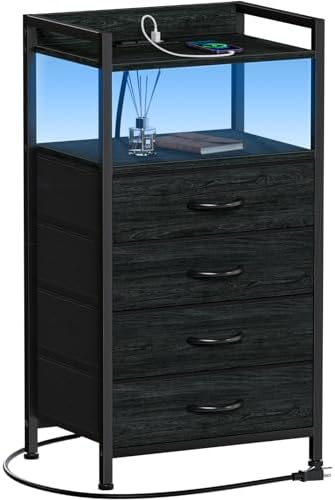 Furnulem Night Stand with Charging Station,LED,Tall Bedside Table for Dorm by Furnulem