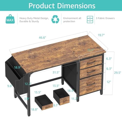 Lufeiya Computer Desk with File Drawers Cabinet, 47 Inch Reversible Home Office Desks with Fabric Filing Cabinet for Small Space, Study Writing Table PC Desks, Rustic Brown - Image 3