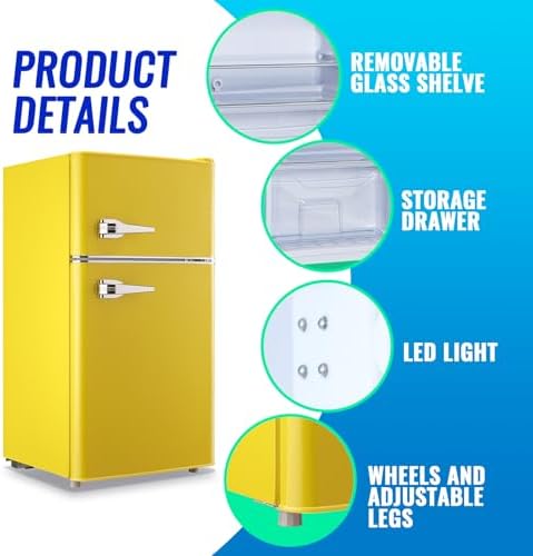3.5 Cu.ft Fridge Dorm Fridge Refrigerator with Adjustable Glass Shelves, 7 Level Temperature Control Suit for Bedroom, Office, Apartment Yellow - Image 6