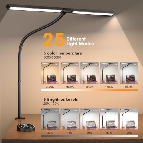 Pzloz Led Desk Lamp for Office Home - Eye Caring Architect lamp with Clamp,Dual Screen Computer Monitor Work Smart Light: 24W 5 Color Flexible Adjustable Lighting Table Lamp for Study Drafting - Image 3
