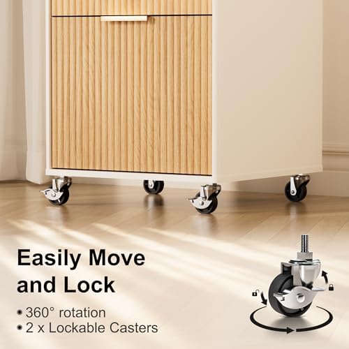 3 Drawers Fluted Mobile File Cabinet with Lock, Rolling File Cabinet Printer Stand Table, Under Desk Wooden Filing Cabinets for Home Office Essentials Storage Organization Furniture Letters/A4(Oak) - Image 3
