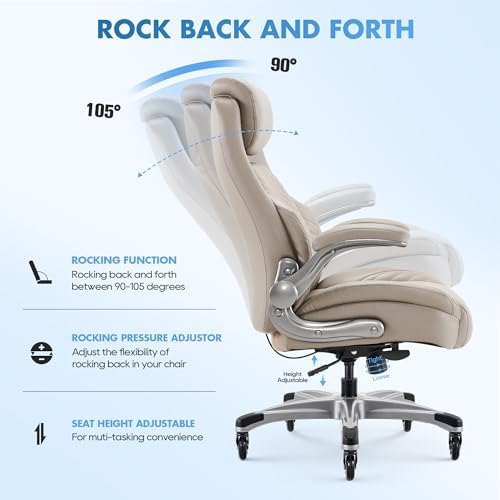 COLAMY Office Ergonomic Desk High Back Executive Chair with Pop-Out Lumbar Support, Upgraded Casters, Adjustable Headrest, Flip-Up Arms, Leather Home with Thick Cushion for Comfort - Khaki - Image 6