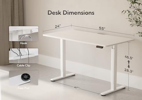 Claiks Electric Height Adjustable Standing Desk, 55x24 Inch, White - Image 3