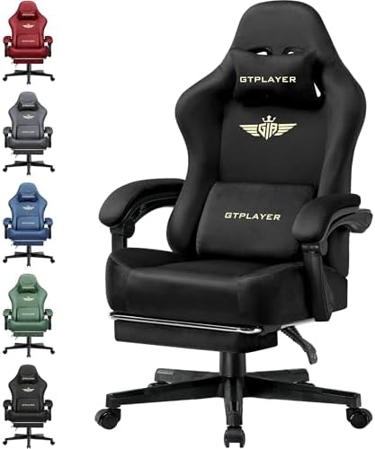 GTPLAYER Gaming Chair Fabric with Pocket Spring Cushion, Big and Tall Gamings Chairs 350LBS High Back Computer Chair with Footrest for Adults Lumbar Support Swivel Game Chair for Office Light Black by GTPLAYER