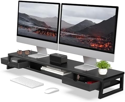 Fenge Dual Monitor Stand Riser, 42.5in Desk Shelf with 2 Drawers, Black by Fenge